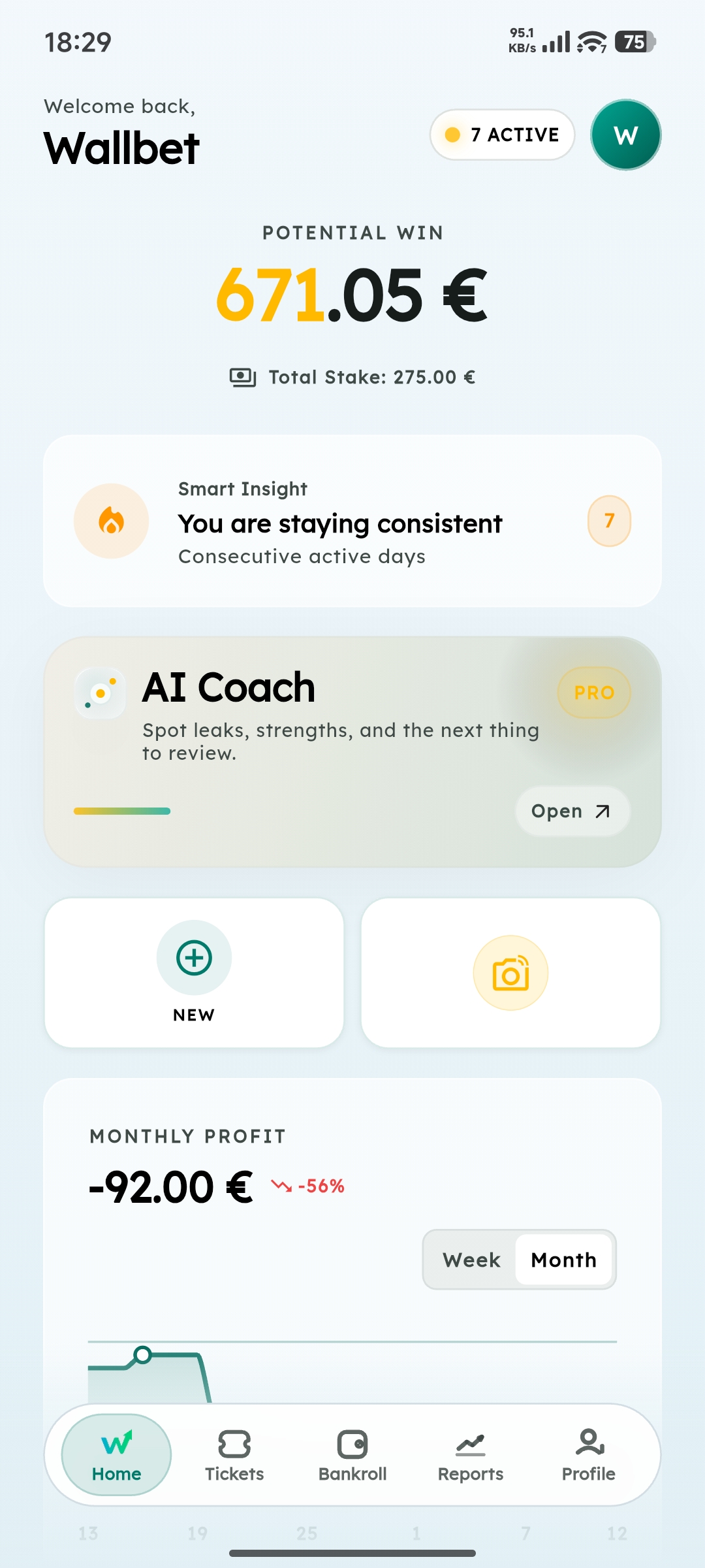 Wallbet: dashboard e AI Coach / dashboard and AI Coach